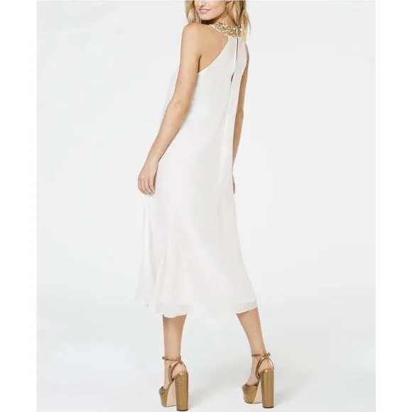 NWT Rachel Zoe Womens White Embellished Sleeveless Halter Midi Shift Dress 10
