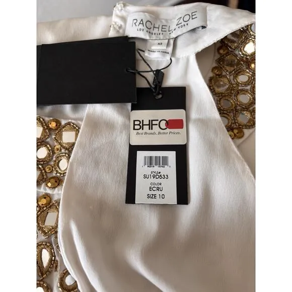 NWT Rachel Zoe Womens White Embellished Sleeveless Halter Midi Shift Dress 10