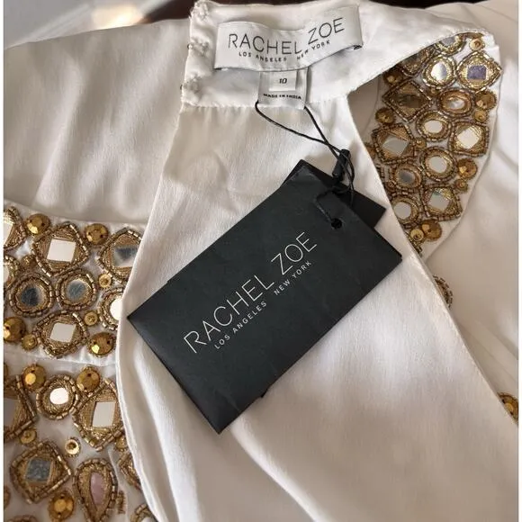 NWT Rachel Zoe Womens White Embellished Sleeveless Halter Midi Shift Dress 10
