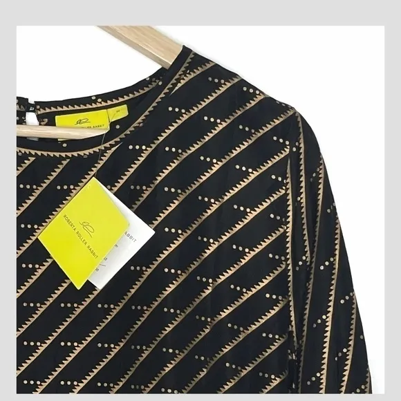 NWT Roberta Roller Rabbit 100% Silk Long Sleeve Shirt Shift Dress Black Gold