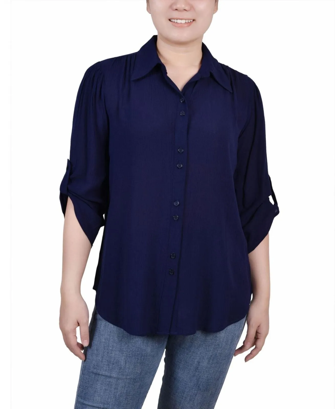 Ny Collection Womens Petites Sheer Solid Button-Down Top PGWB1647 Navy Blue LP