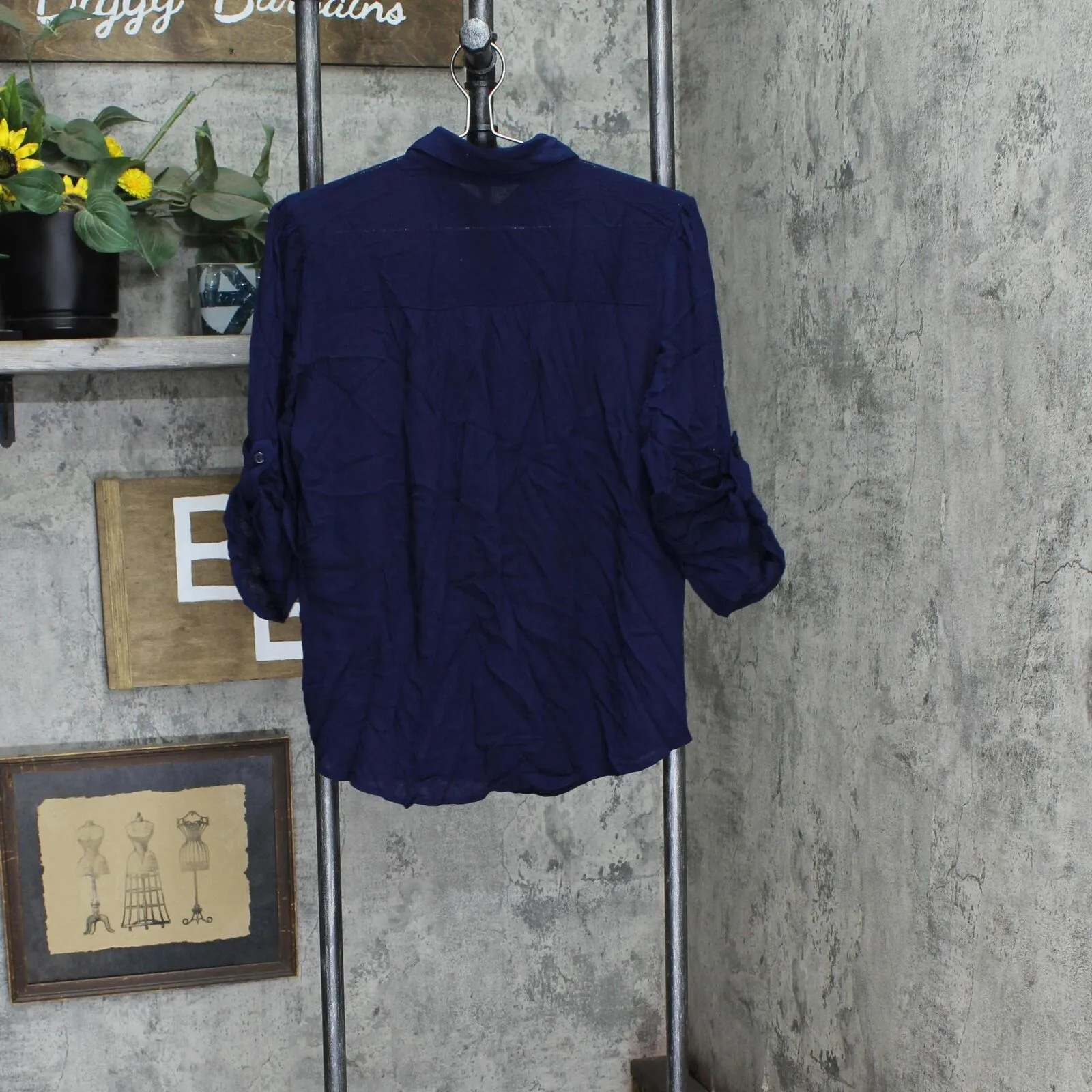 Ny Collection Womens Petites Sheer Solid Button-Down Top PGWB1647 Navy Blue LP