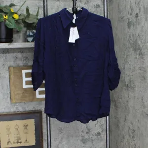 Ny Collection Womens Petites Sheer Solid Button-Down Top PGWB1647 Navy Blue LP