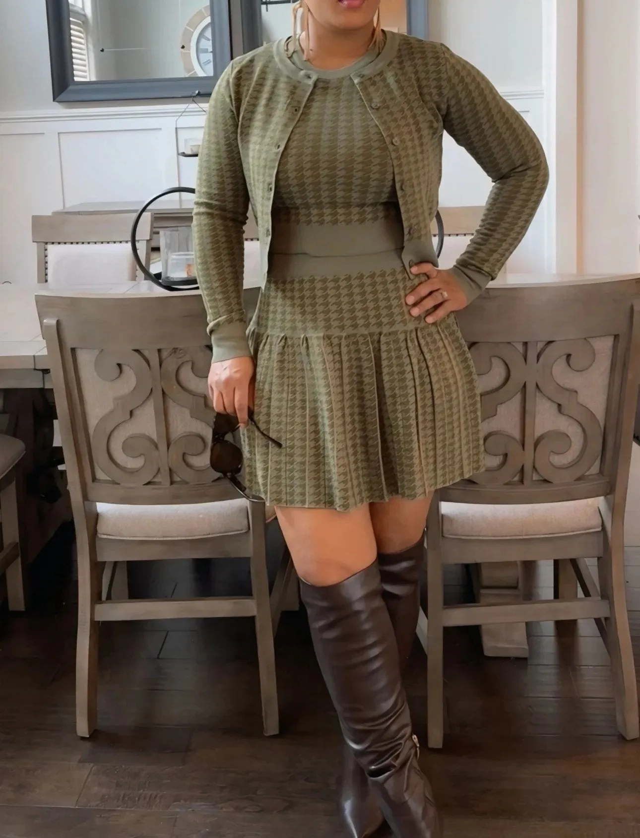 Olive green knitted three-piece suit