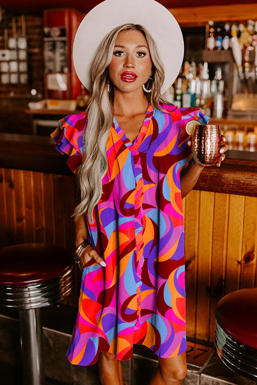 Orange Abstract Print Ruffle Frilly Detail Pocketed Shift Dress
