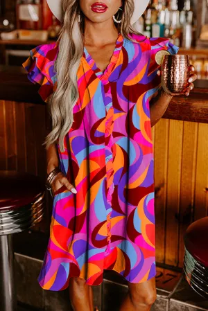 Orange Abstract Print Ruffle Frilly Detail Pocketed Shift Dress
