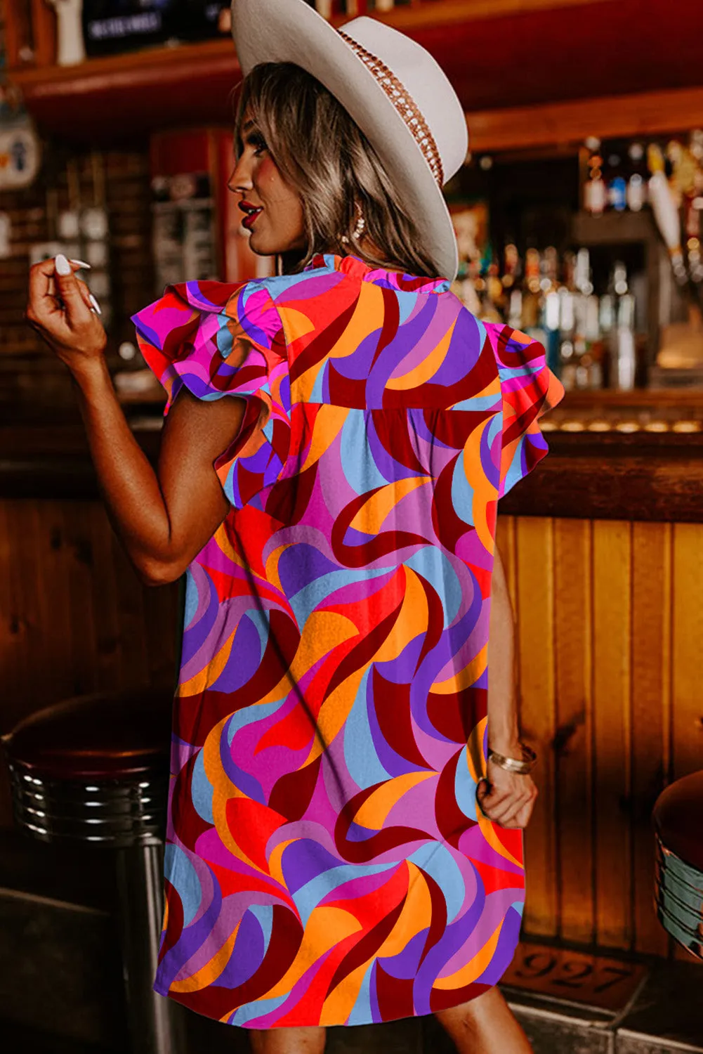 Orange Abstract Print Ruffle Frilly Detail Pocketed Shift Dress