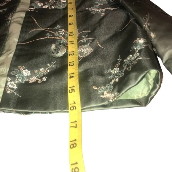 Oriental Aesthetic Cropped Jacket Quilted Embroidered Emerald Green    XS