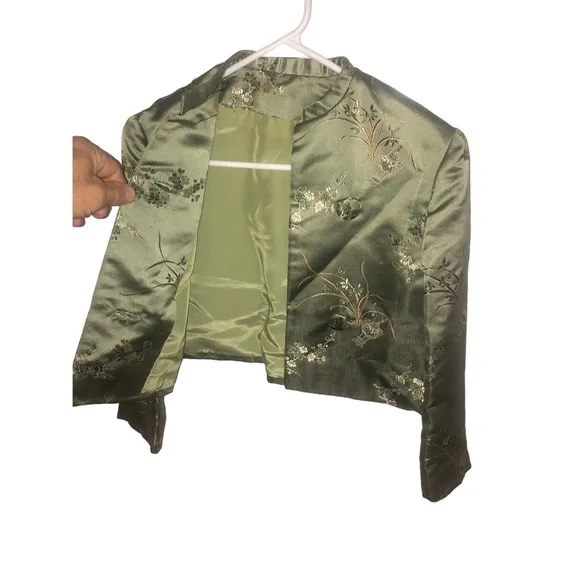 Oriental Aesthetic Cropped Jacket Quilted Embroidered Emerald Green    XS