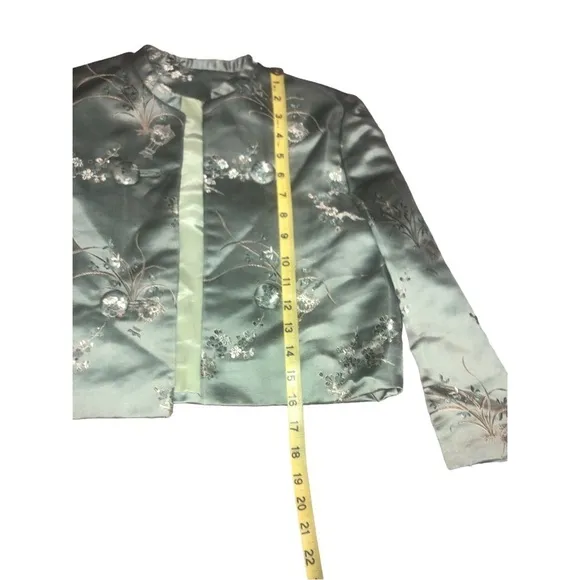 Oriental Aesthetic Cropped Jacket Quilted Embroidered Emerald Green    XS
