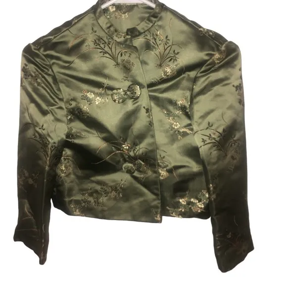 Oriental Aesthetic Cropped Jacket Quilted Embroidered Emerald Green    XS