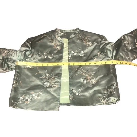 Oriental Aesthetic Cropped Jacket Quilted Embroidered Emerald Green    XS