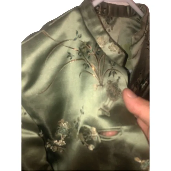Oriental Aesthetic Cropped Jacket Quilted Embroidered Emerald Green    XS