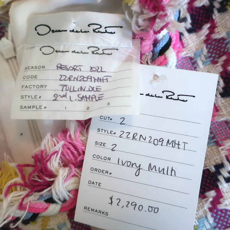 Oscar de la Renta Tweed Mini Shift Dress White/Multi Cotton-Wool Size 2 NEW