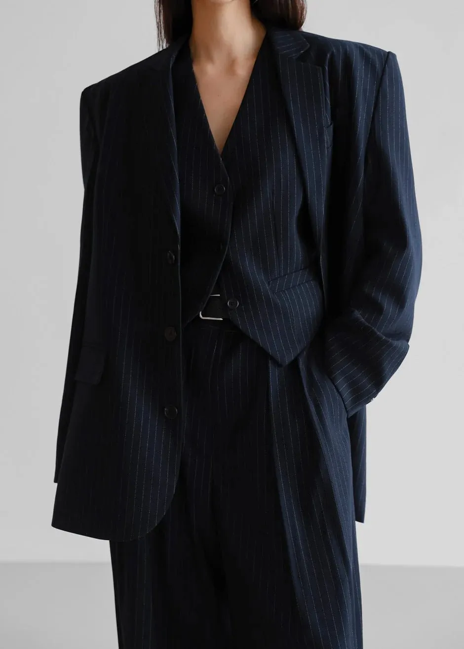 Oversized Blazer and Pants Set - Navy Pinstripe