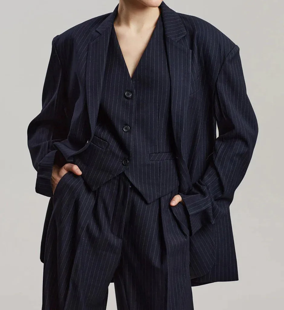 Oversized Blazer and Pants Set - Navy Pinstripe