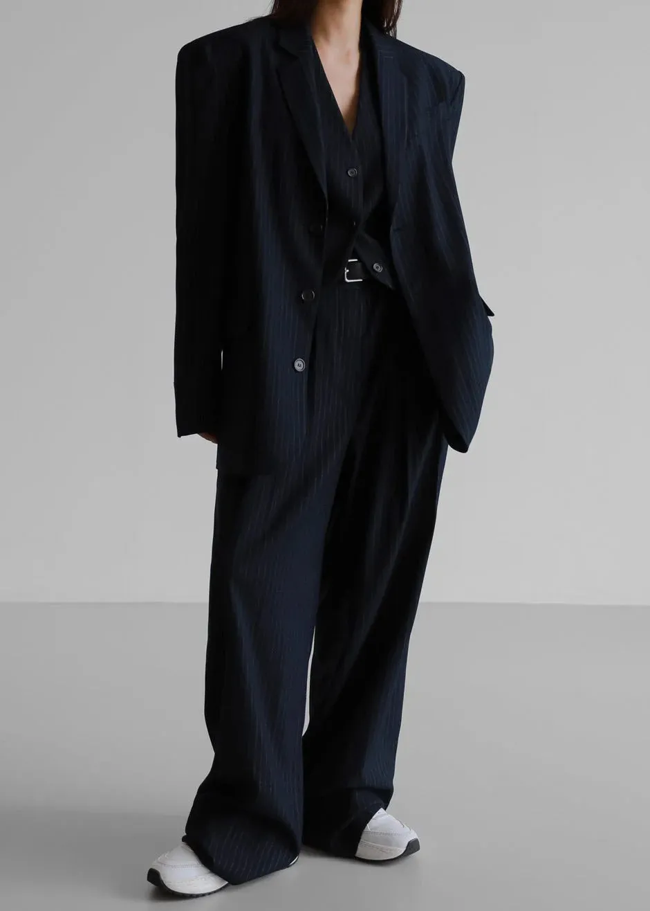 Oversized Blazer and Pants Set - Navy Pinstripe