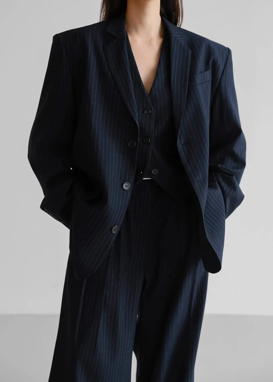 Oversized Blazer and Pants Set - Navy Pinstripe