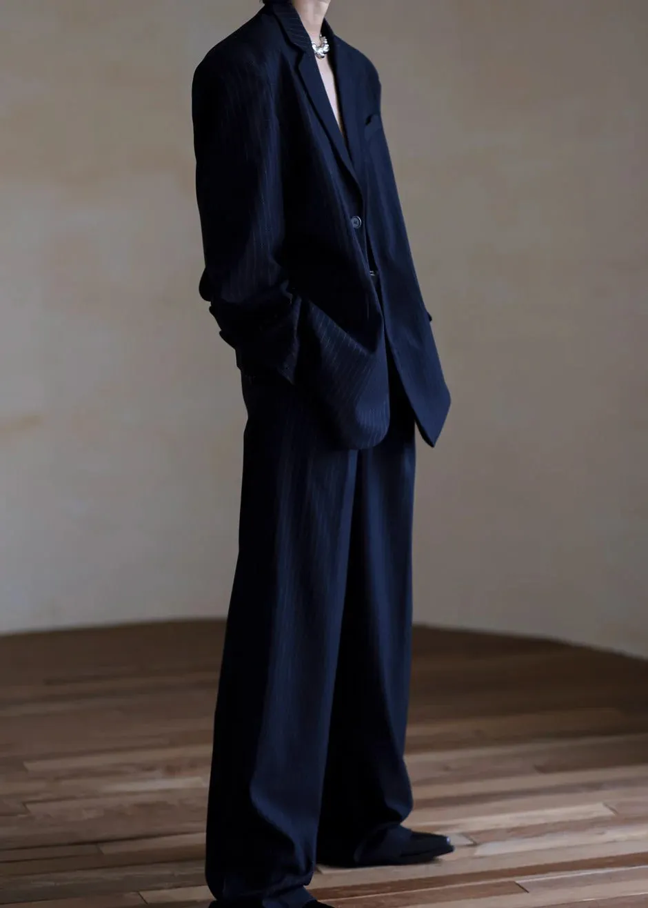 Oversized Blazer and Pants Set - Navy Pinstripe