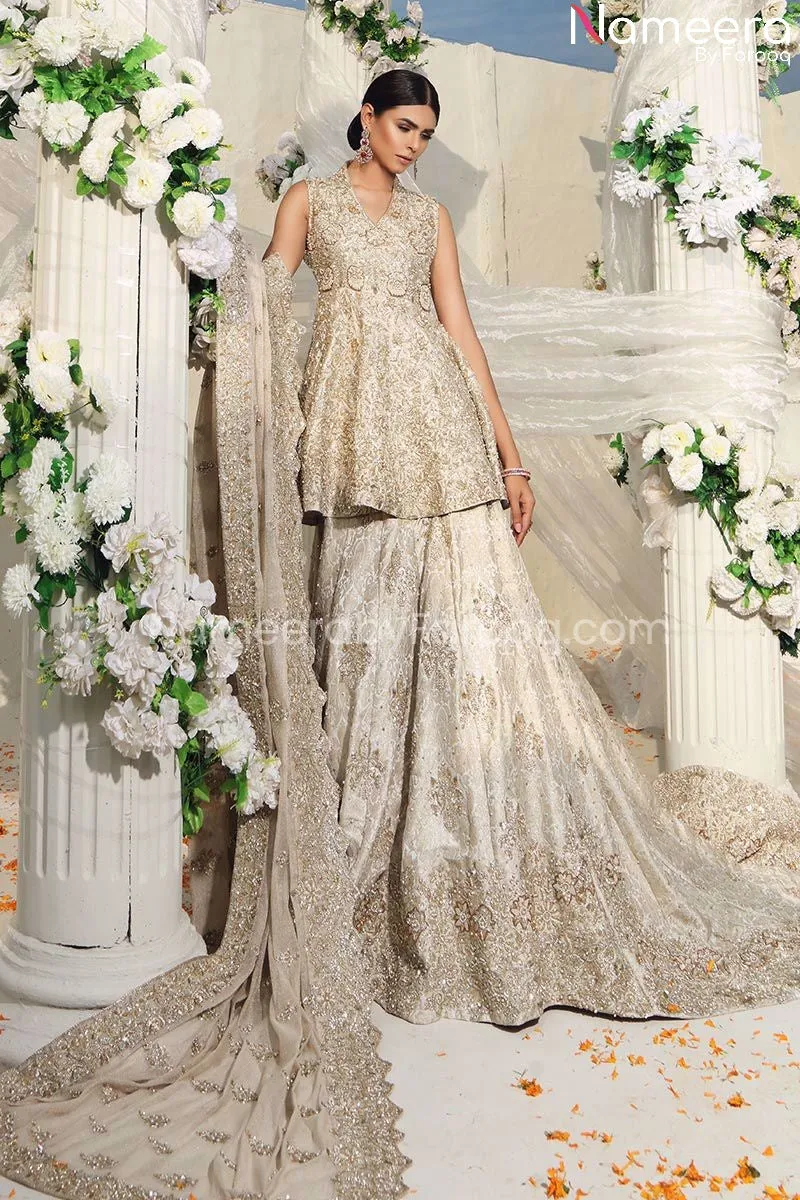 Pakistani Peplum Lehenga for Bride in Beige #BS525