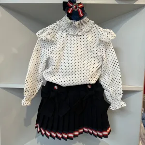 PICCOLA SPERANZA - Pleated & Polka Dot Skirt Set & Clip- Navy