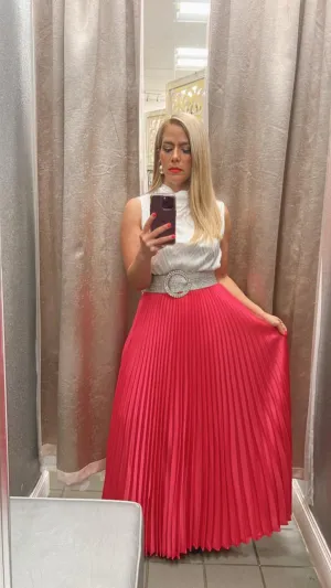 Pleated satin fuchsia maxi skirt