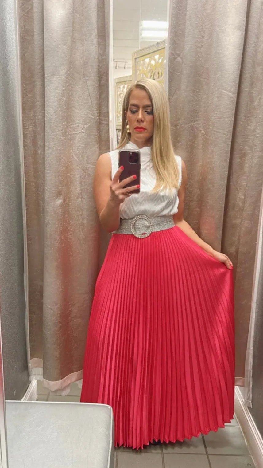 Pleated satin fuchsia maxi skirt