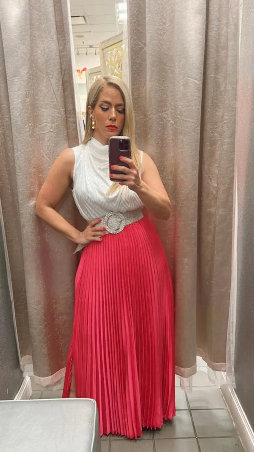 Pleated satin fuchsia maxi skirt