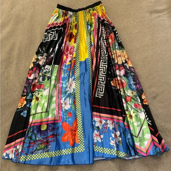 Pleated Skirt Women High Waist Floral High Elastic Midi Skirt Print Party Medium
