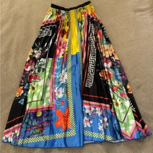 Pleated Skirt Women High Waist Floral High Elastic Midi Skirt Print Party Medium