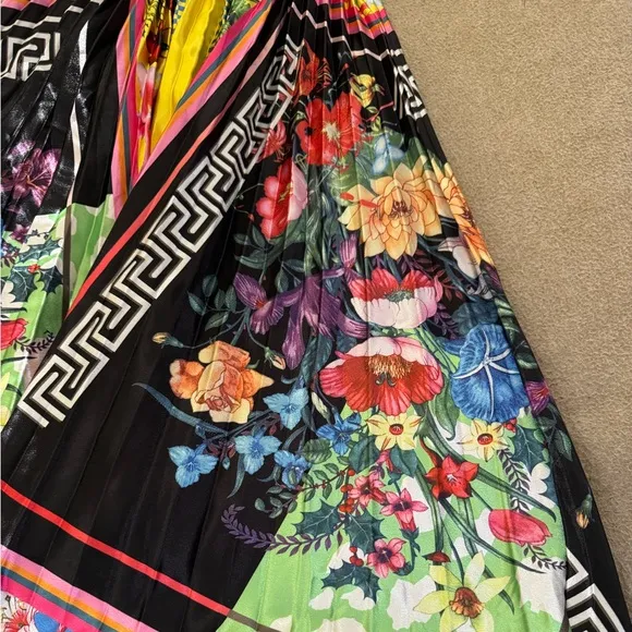 Pleated Skirt Women High Waist Floral High Elastic Midi Skirt Print Party Medium