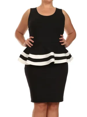 Plus Size Lovely Colorblock Peplum Black Dress
