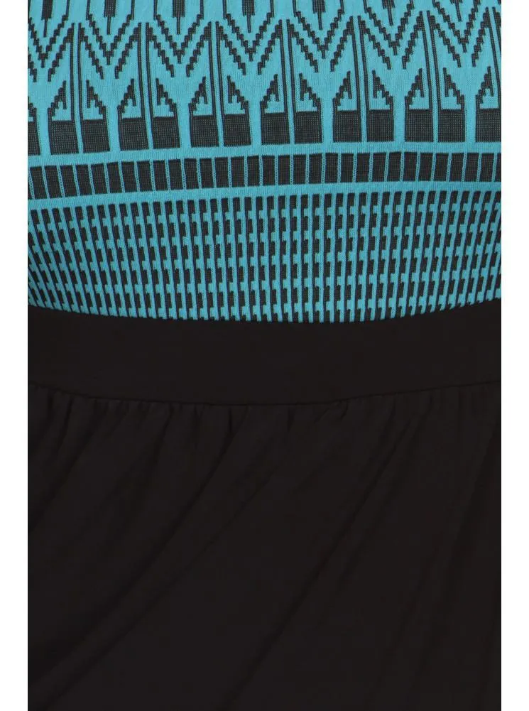 Plus Size Tribal Print V Hem Blue Bubble Skirt Dress