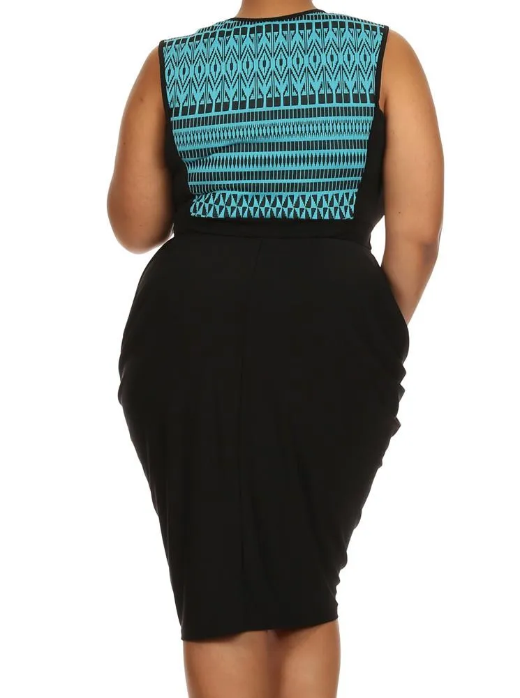 Plus Size Tribal Print V Hem Blue Bubble Skirt Dress