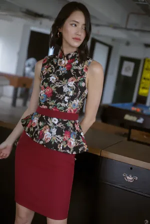 *Premium* TDC Clavel Removable Oriental Collar Peplum Dress In Wine Red