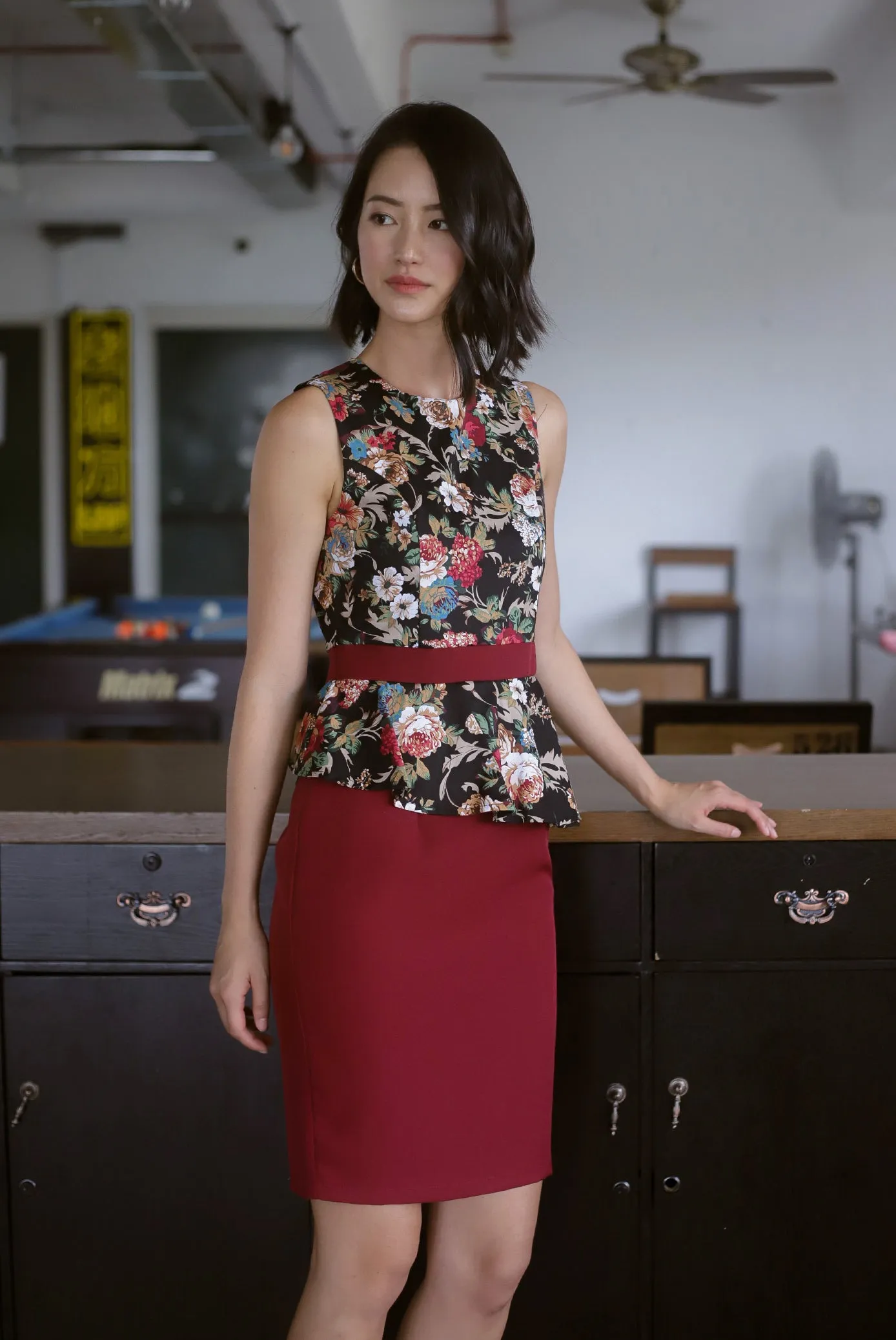 *Premium* TDC Clavel Removable Oriental Collar Peplum Dress In Wine Red
