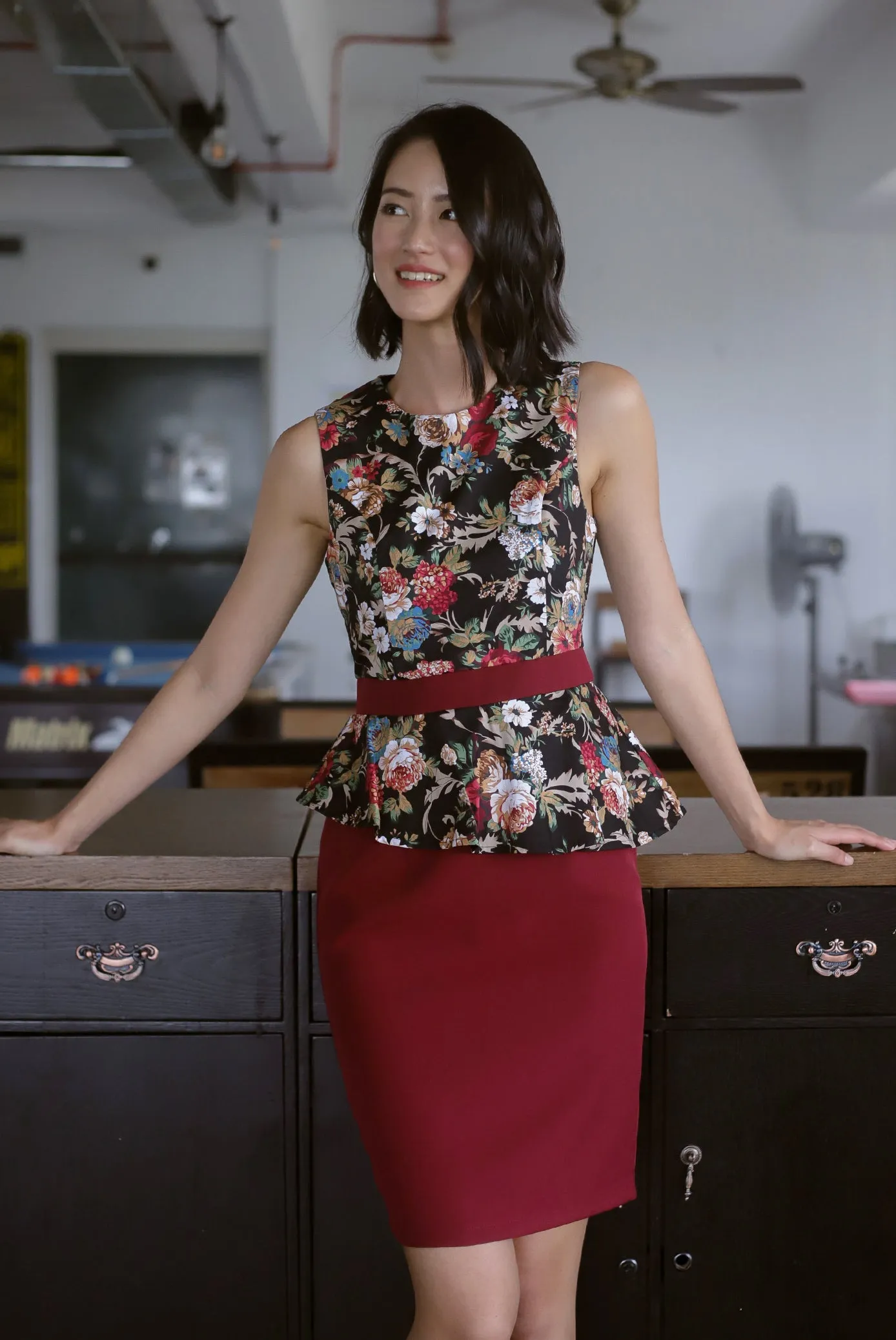 *Premium* TDC Clavel Removable Oriental Collar Peplum Dress In Wine Red