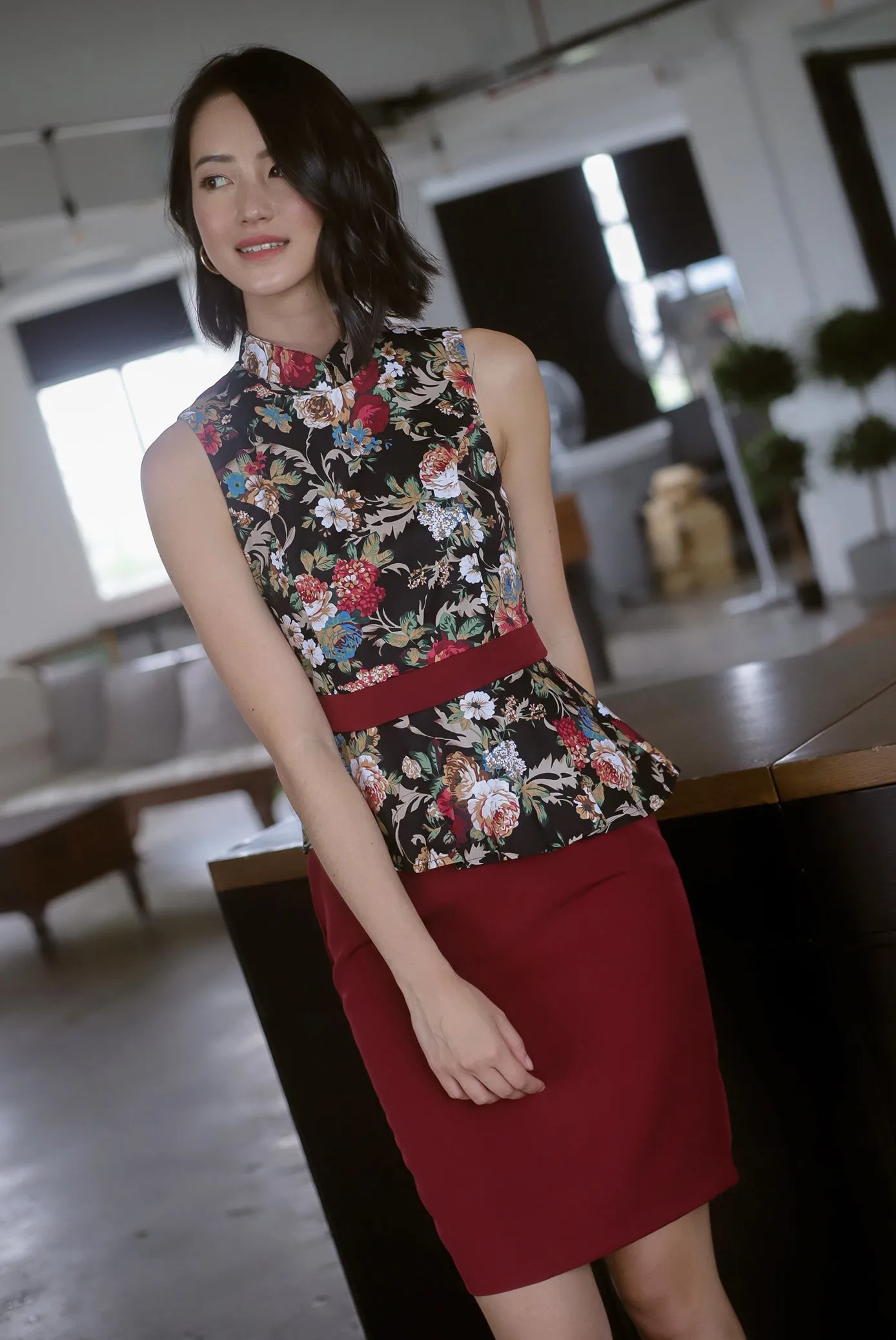 *Premium* TDC Clavel Removable Oriental Collar Peplum Dress In Wine Red