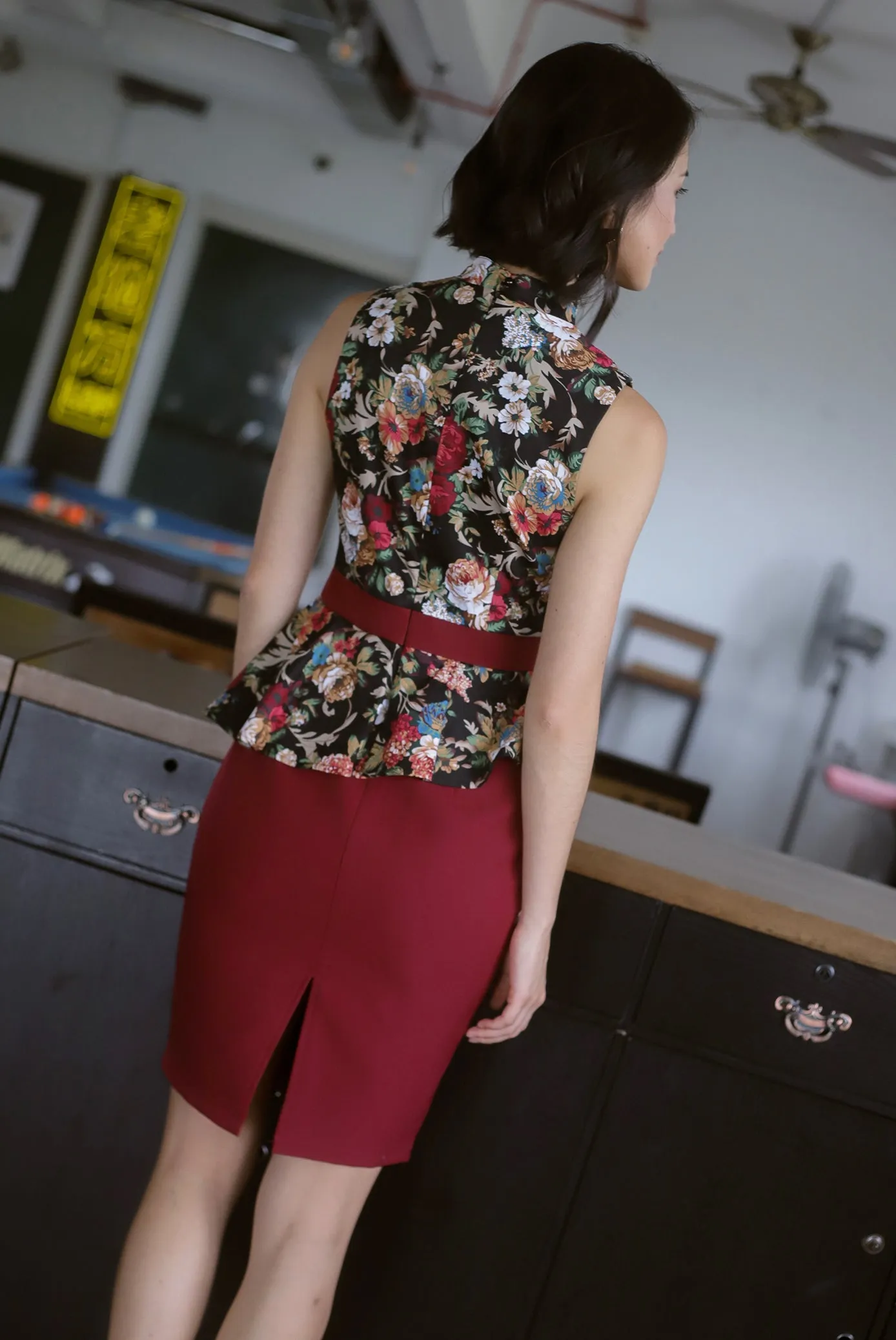 *Premium* TDC Clavel Removable Oriental Collar Peplum Dress In Wine Red