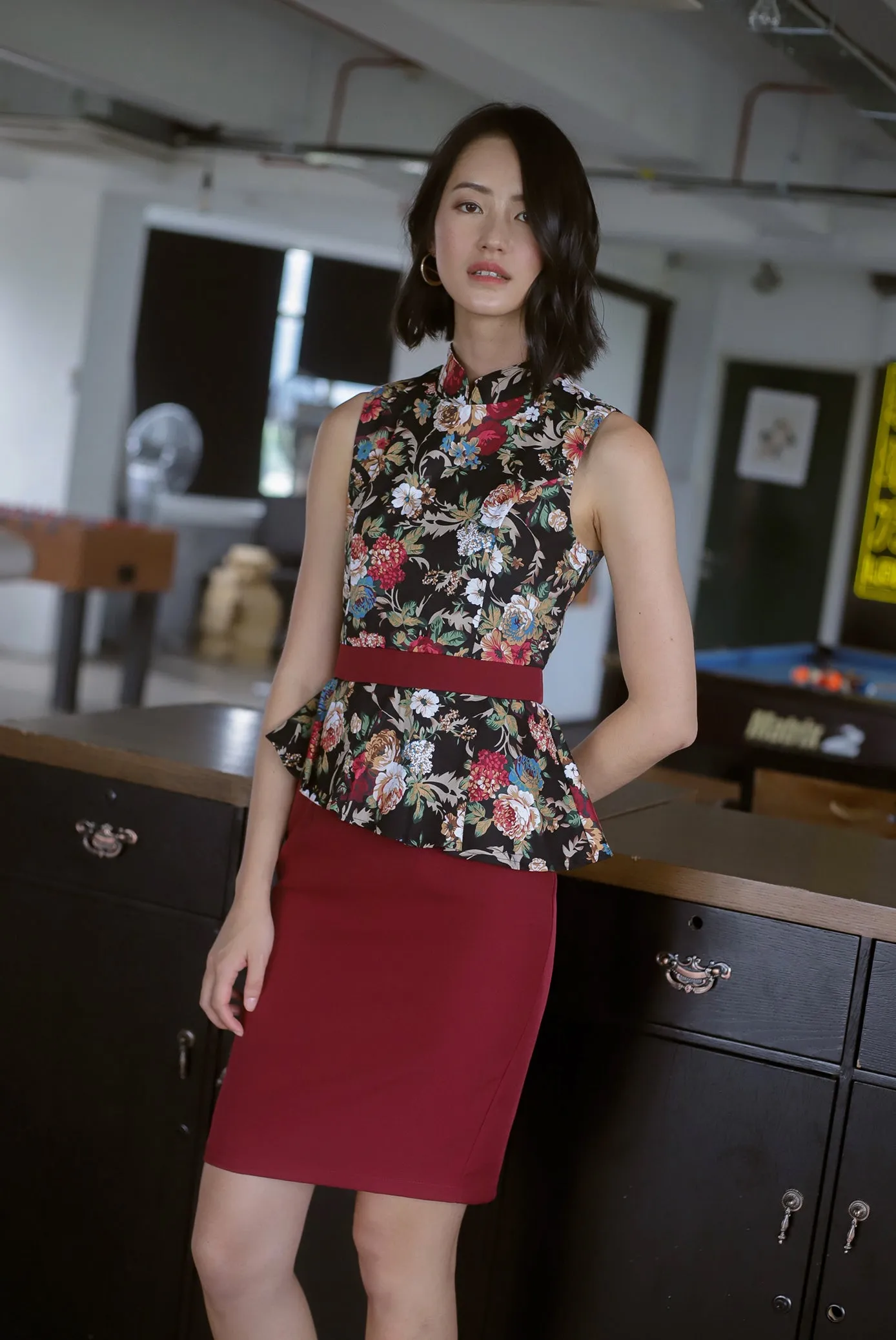 *Premium* TDC Clavel Removable Oriental Collar Peplum Dress In Wine Red