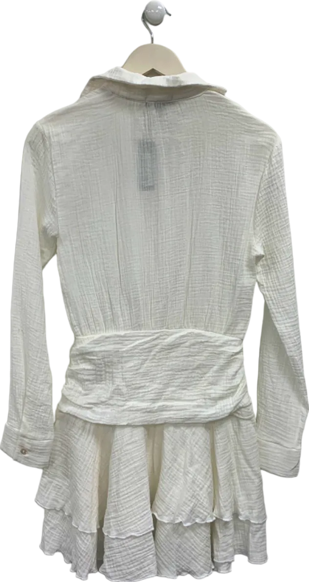 Pretty Little Thing White Oversized Shirt Frill Detail Shift Dress UK 6