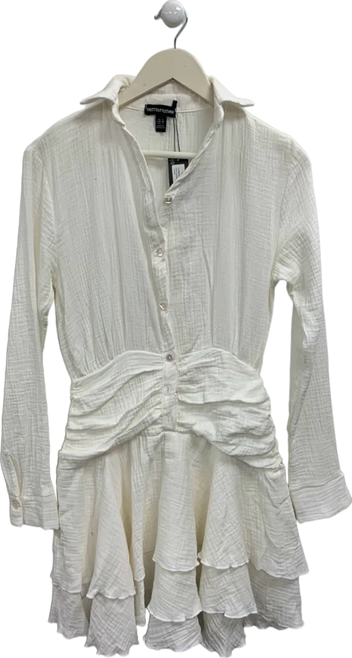 Pretty Little Thing White Oversized Shirt Frill Detail Shift Dress UK 6