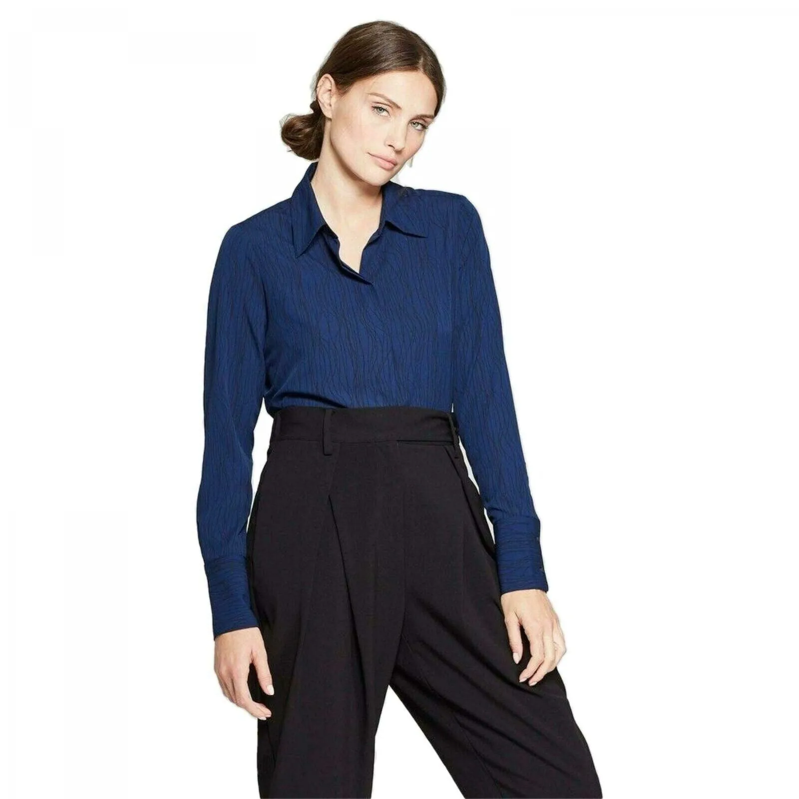 Prologue Women's Long Sleeve Collared Button-Down Chiffon Blouse Shirt Top
