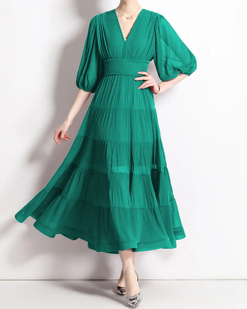 Puff Sleeves Wrap Bride Green Midi Wedding Dress