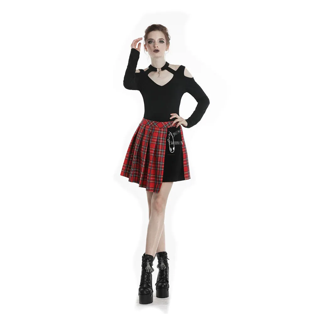 Punk red big pin pleated plaid skirt KW135RD