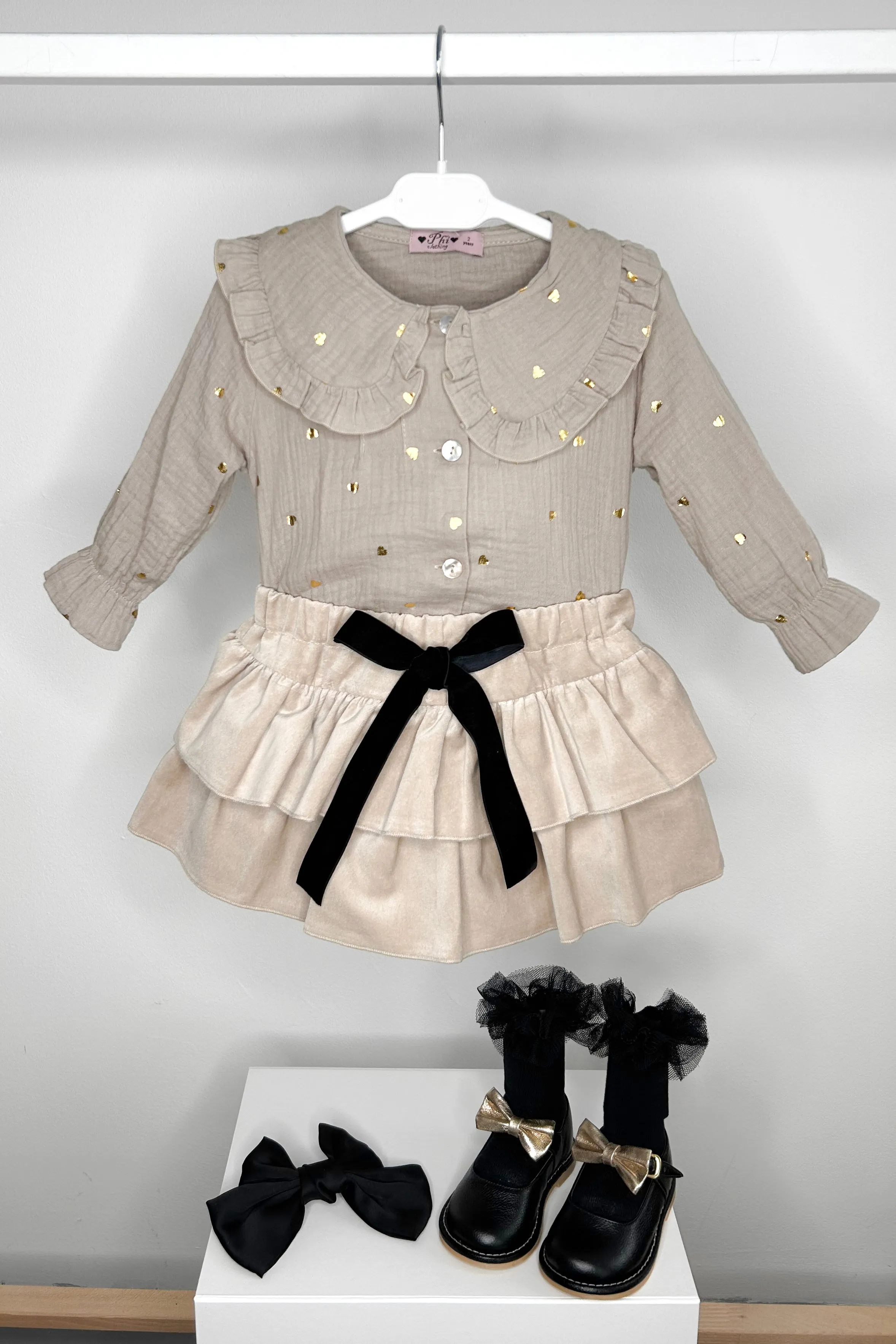 "Daniella" Stone Heart Blouse & Velvet Skort