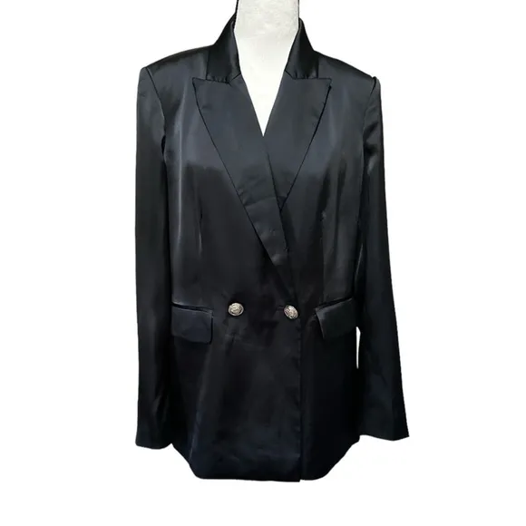 Rachel Zoe Double-Breasted Satin Blazer Suit Jacket in Black