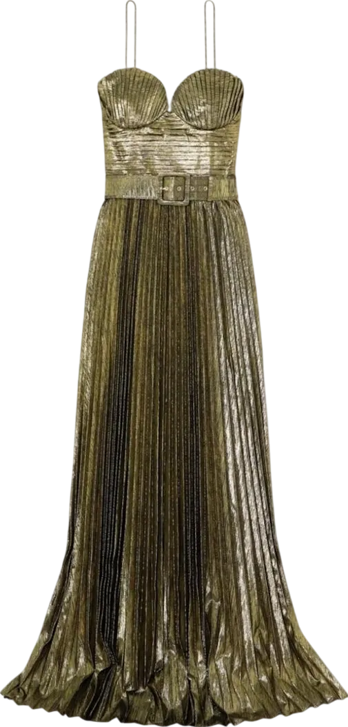 Rebecca Vallance Metallic Josie Gold Pleated Gown Maxi Dress UK 8
