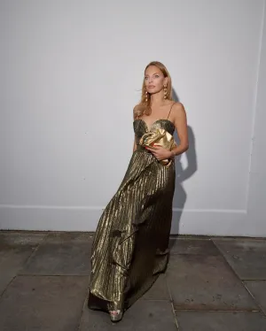 Rebecca Vallance Metallic Josie Gold Pleated Gown Maxi Dress UK 8