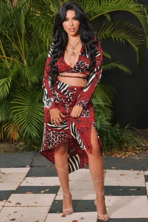 Red Leopard Mix Print Split Front Midi Skirt - Valera